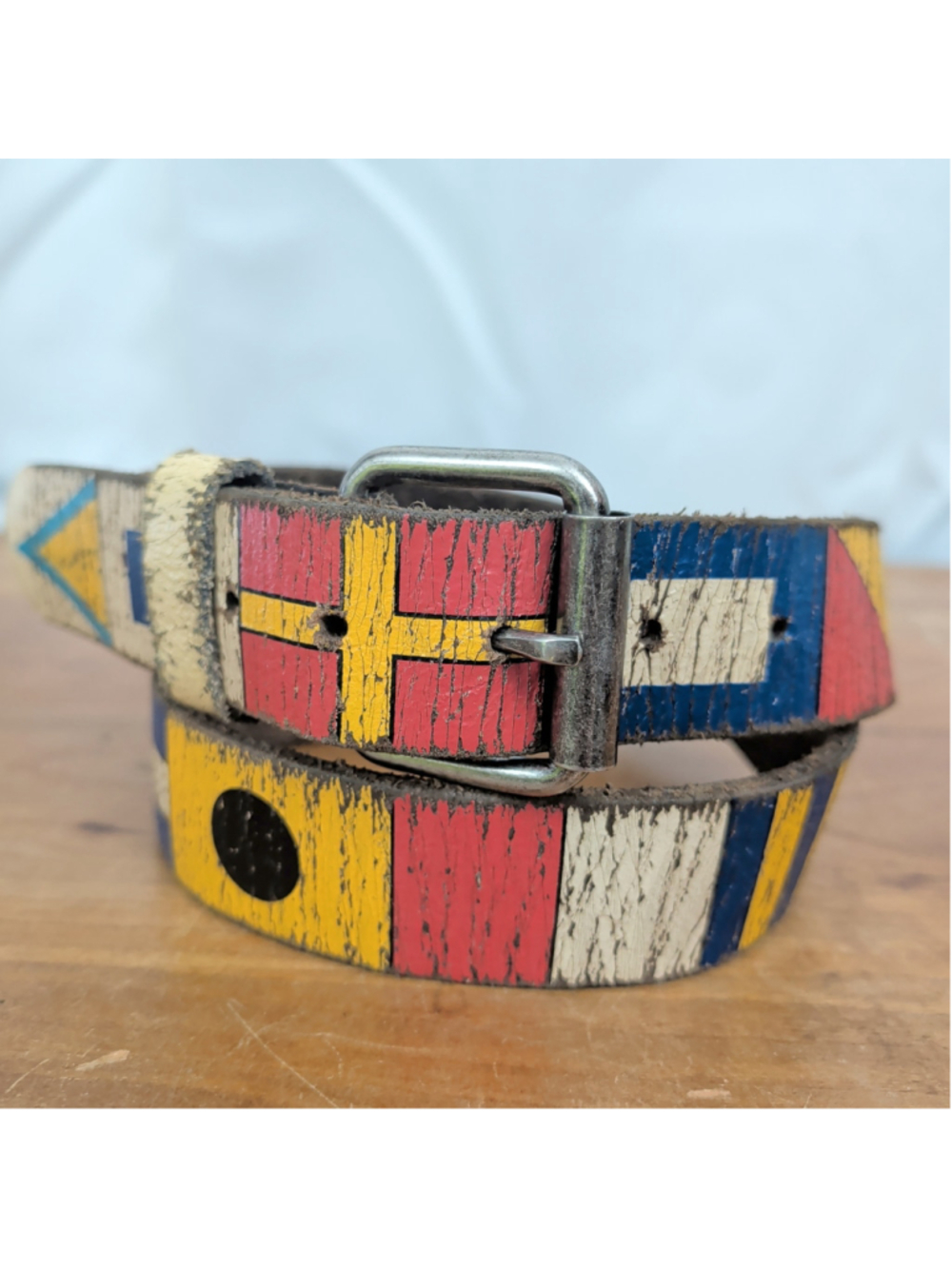 Pre-Distressed Leather Nautical Flag Belt Size 34